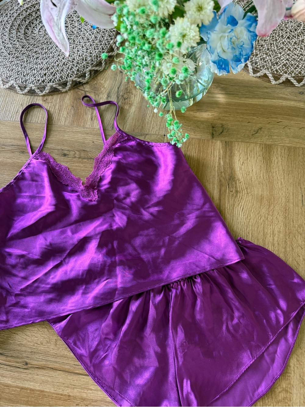 Linea Donatella Vibrant Purple Satin Cami & Shorts Sleep Set